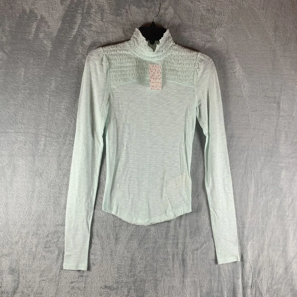 Free‎ People Women's Caroline Mock Neck Top XS Green Smocked Long Sleeve NWT